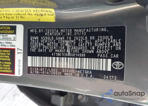 2013 Toyota Avalon Xle z USA, uszkodzony, nr VIN 4T1BK1EB8DU014998